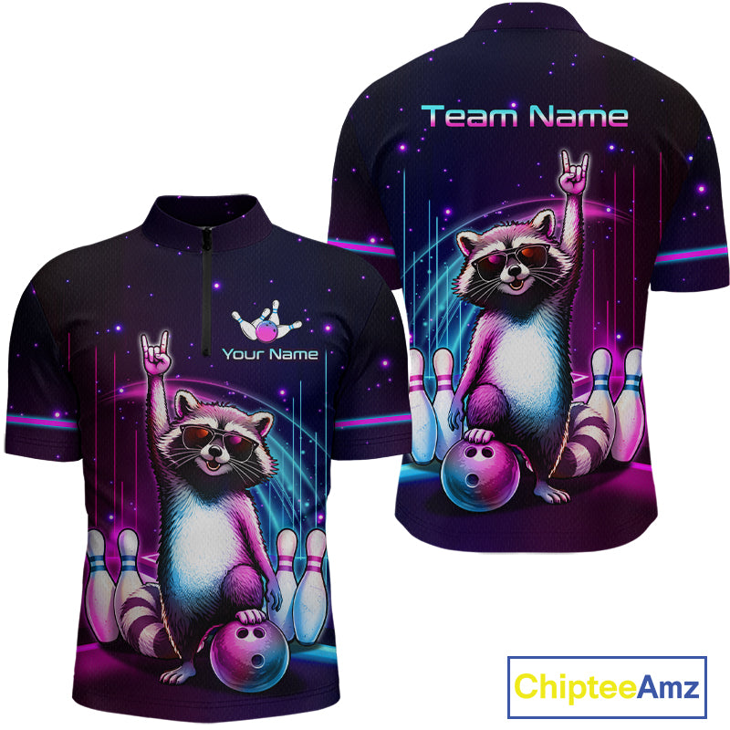 Custom bowling-themed short-sleeve quarter-zip shown from both front and back views. The shirt features a cartoon raccoon wearing sunglasses and holding a bowling ball, surrounded by bowling pins, on a dark starry background with neon purple and blue light effects.