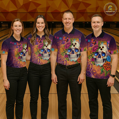 Custom Funny Sugar Skull Bowling Shirt for Women Bowling Team Jersey Polo & Quarter-Zip Bowling Outfit  QZT909