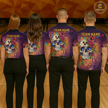 Custom Funny Sugar Skull Bowling Shirt for Women Bowling Team Jersey Polo & Quarter-Zip Bowling Outfit  QZT909