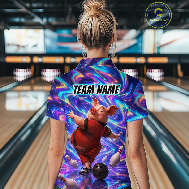 Custom Colorful Swirl Bowling Shirt Funny Pig Bowling Team Jersey for Women QZT1212