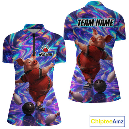 Custom Colorful Swirl Bowling Shirt Funny Pig Bowling Team Jersey for Women QZT1212