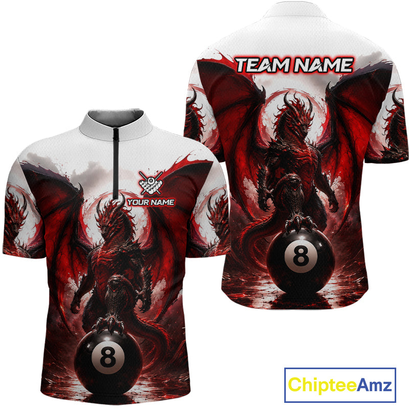 Custom Red & White Dragon Billiard Shirt 8 Ball Pool Team Jersey for Men Polo & 1/4 Zip BHT109