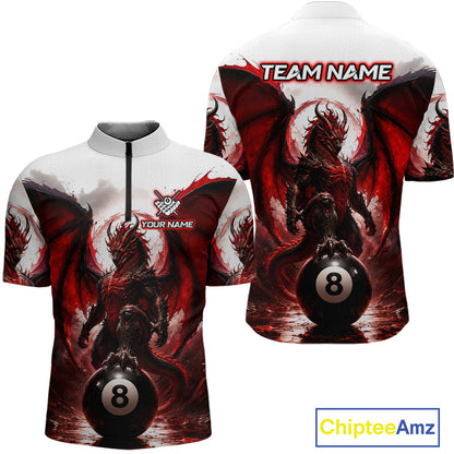 Custom Red & White Dragon Billiard Shirt 8 Ball Pool Team Jersey for Men Polo & 1/4 Zip BHT109