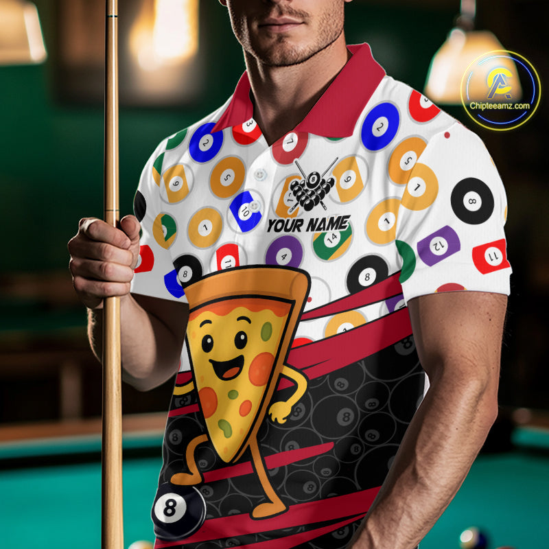 Person wearing a colorful shirt with billiard ball design and pizza graphic, holding a pool cue.