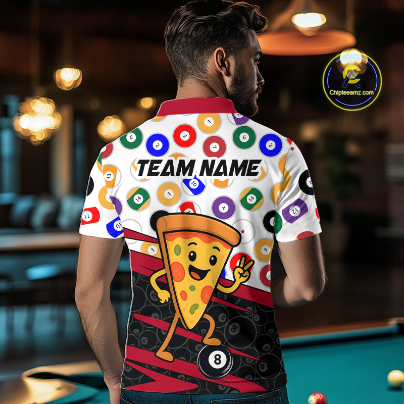 Person wearing a colorful shirt with a pizza design and 'Team Name' text in a casual setting.