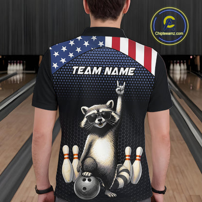 Custom American Flag Bowling Shirt Funny Raccoon Bowling League Jersey for Men Polo & 1/4-Zip QZT1220