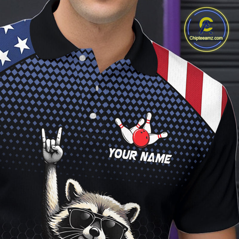 Custom American Flag Bowling Shirt Funny Raccoon Bowling League Jersey for Men Polo & 1/4-Zip QZT1220