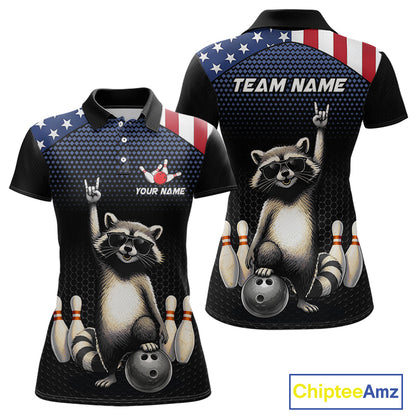 Custom American Flag Bowling Shirt Funny Raccoon Bowling League Jersey for Women Polo & 1/4-Zip QZT1220