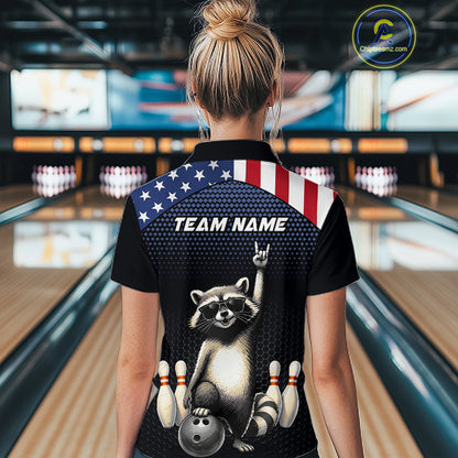 Custom American Flag Bowling Shirt Funny Raccoon Bowling League Jersey for Women Polo & 1/4-Zip QZT1220