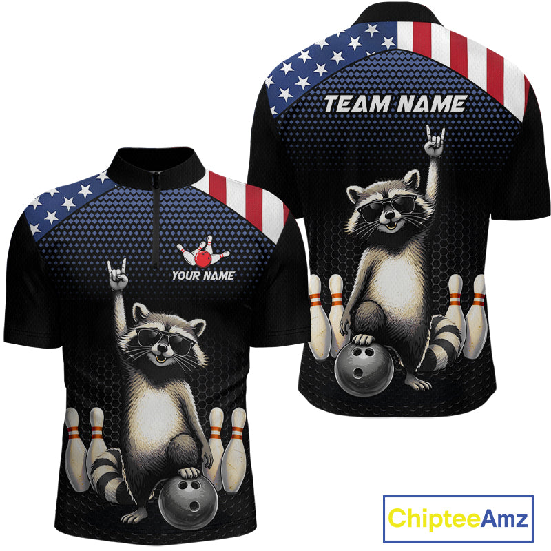 Custom American Flag Bowling Shirt Funny Raccoon Bowling League Jersey for Men Polo & 1/4-Zip QZT1220