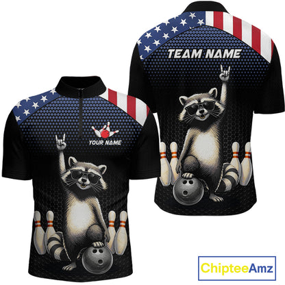 Custom American Flag Bowling Shirt Funny Raccoon Bowling League Jersey for Men Polo & 1/4-Zip QZT1220