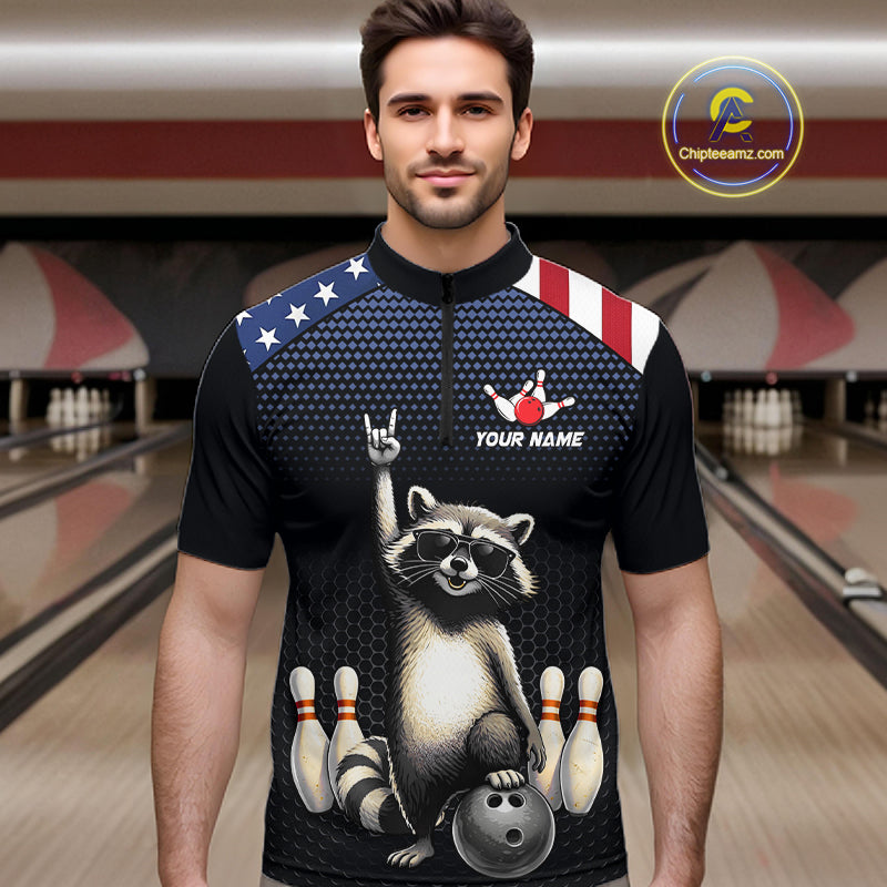 Custom American Flag Bowling Shirt Funny Raccoon Bowling League Jersey for Men Polo & 1/4-Zip QZT1220
