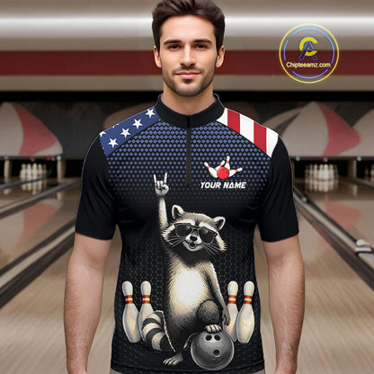 Custom American Flag Bowling Shirt Funny Raccoon Bowling League Jersey for Men Polo & 1/4-Zip QZT1220