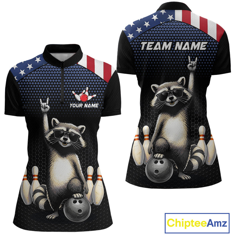 Custom American Flag Bowling Shirt Funny Raccoon Bowling League Jersey for Women Polo & 1/4-Zip QZT1220