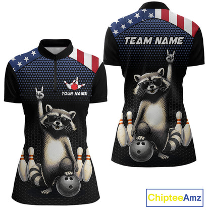 Custom American Flag Bowling Shirt Funny Raccoon Bowling League Jersey for Women Polo & 1/4-Zip QZT1220