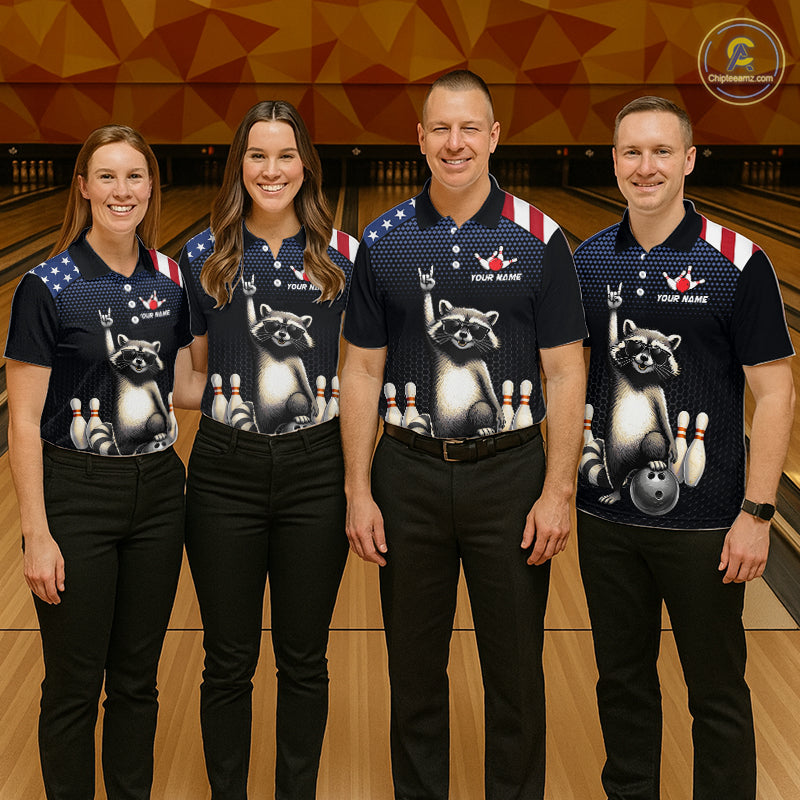 Custom American Flag Bowling Shirt Funny Raccoon Bowling League Jersey for Men Polo & 1/4-Zip QZT1220
