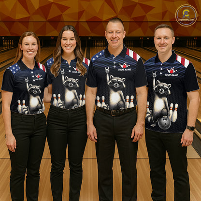Custom American Flag Bowling Shirt Funny Raccoon Bowling League Jersey for Men Polo & 1/4-Zip QZT1220