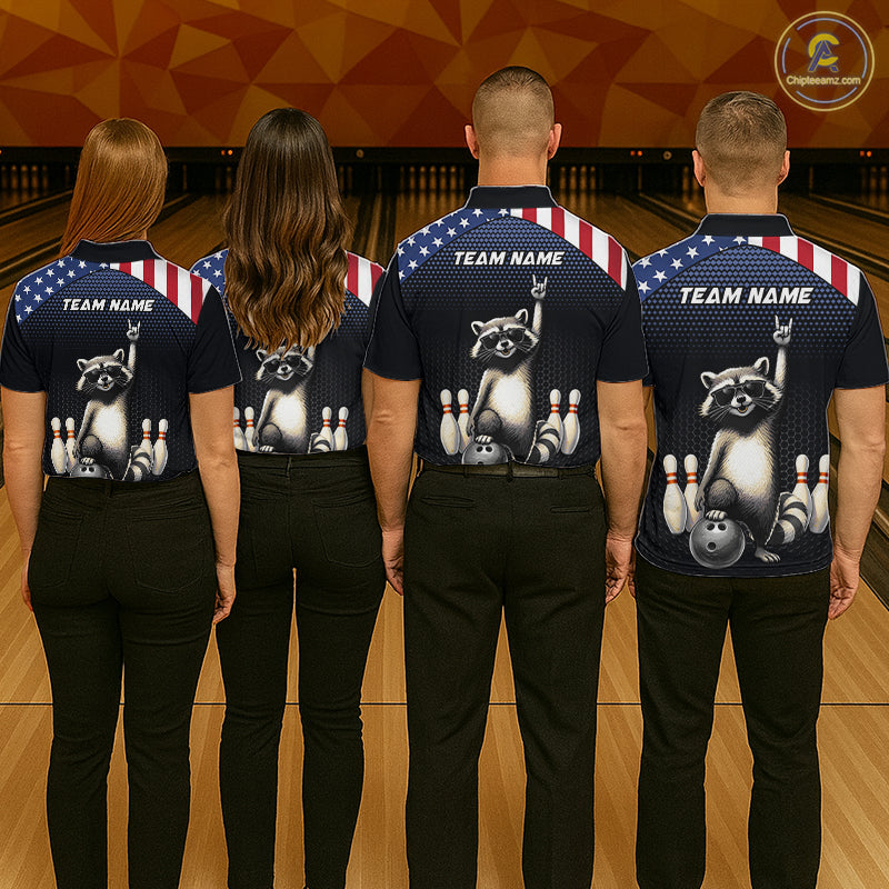 Custom American Flag Bowling Shirt Funny Raccoon Bowling League Jersey for Men Polo & 1/4-Zip QZT1220