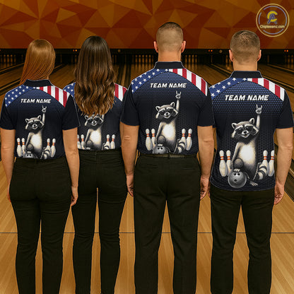 Custom American Flag Bowling Shirt Funny Raccoon Bowling League Jersey for Men Polo & 1/4-Zip QZT1220