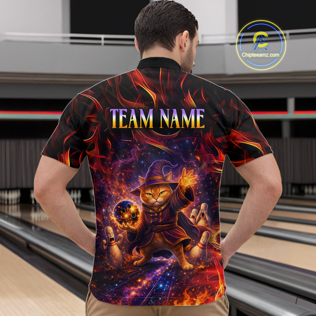 Custom Funny Cat Wizard Bowling Shirts for Men Flame Bowling Jersey for Team Bowling Outfit QZT921