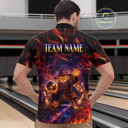 Custom Funny Cat Wizard Bowling Shirts for Men Flame Bowling Jersey for Team Bowling Outfit QZT921