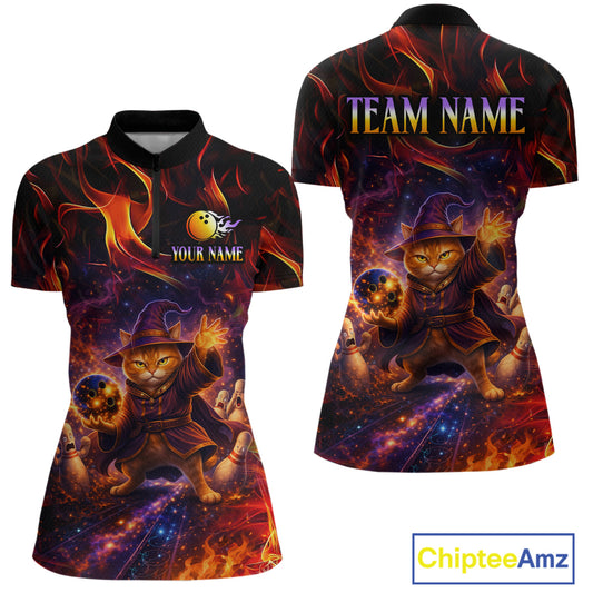 Custom Funny Cat Wizard Bowling Shirts for Women Flame Bowling Jersey for Team Bowling Outfit QZT921