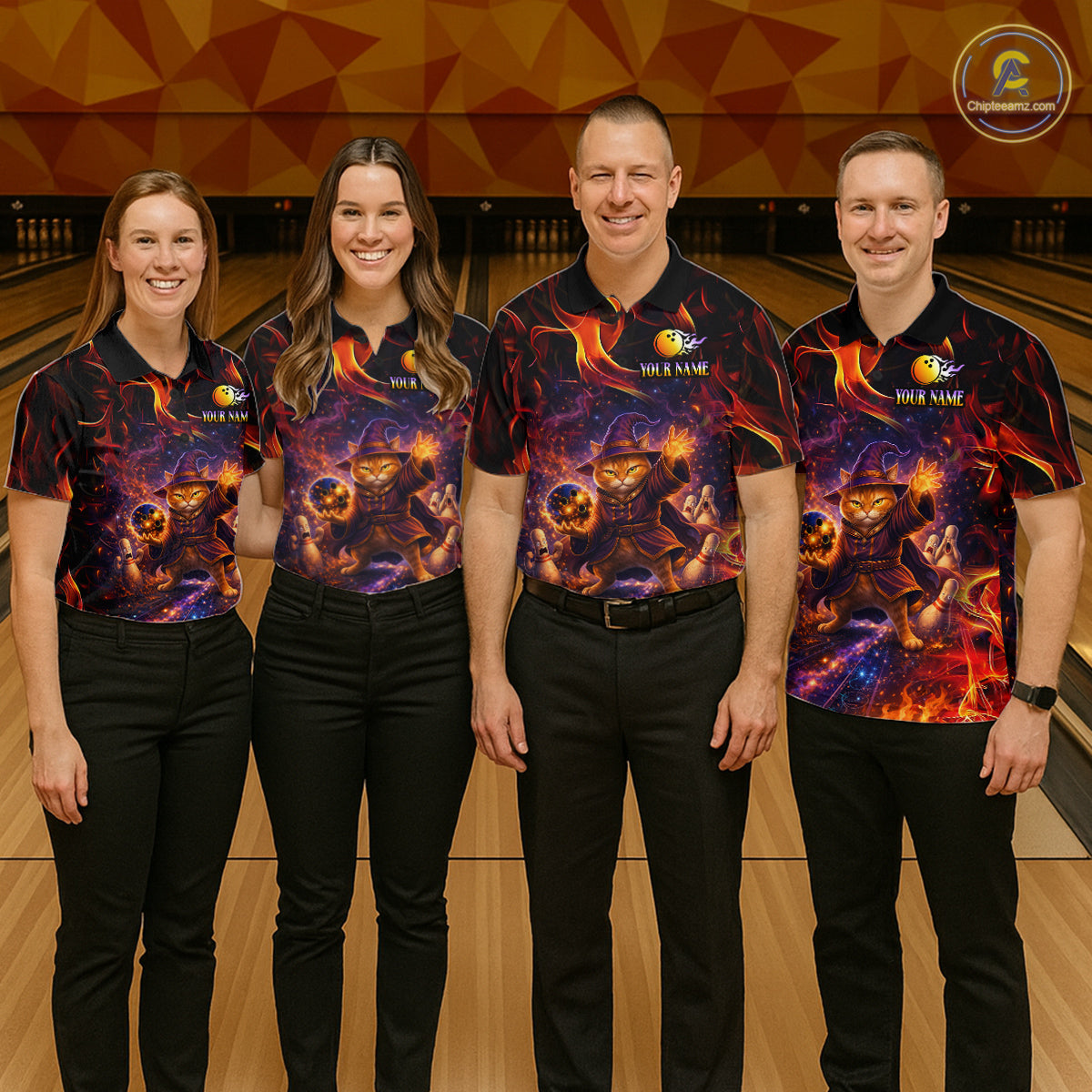 Custom Funny Cat Wizard Bowling Shirts for Women Flame Bowling Jersey for Team Bowling Outfit QZT921