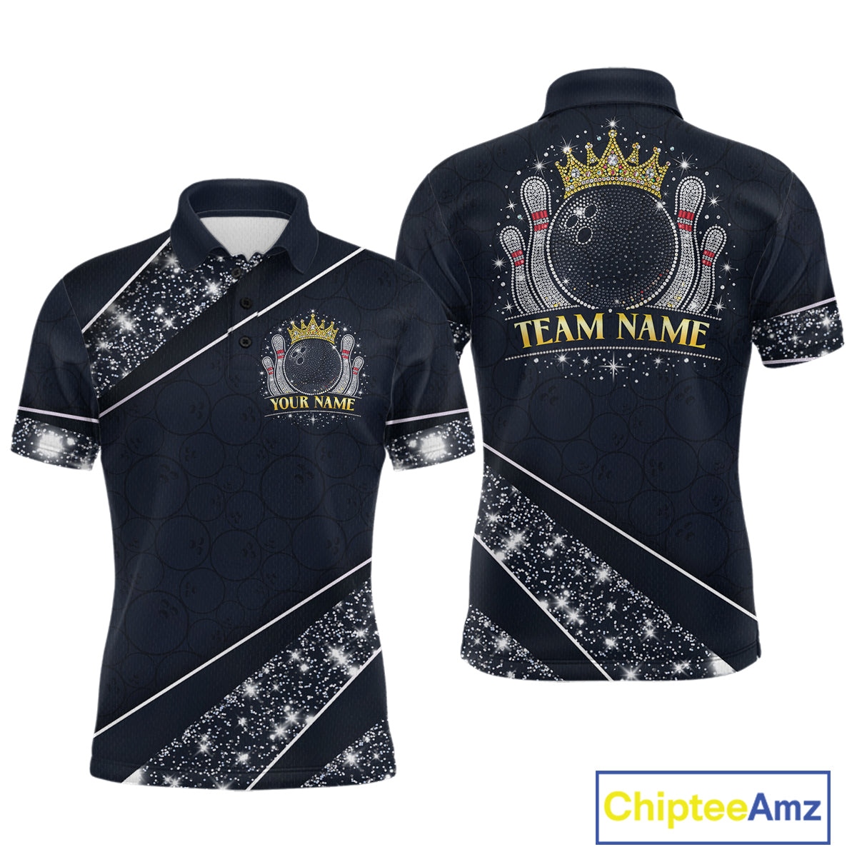 Custom Navy Bowling Shirts with Rhinestones for Men King Bowling Polo & Quarter-Zip Bowling Outfit QZT922