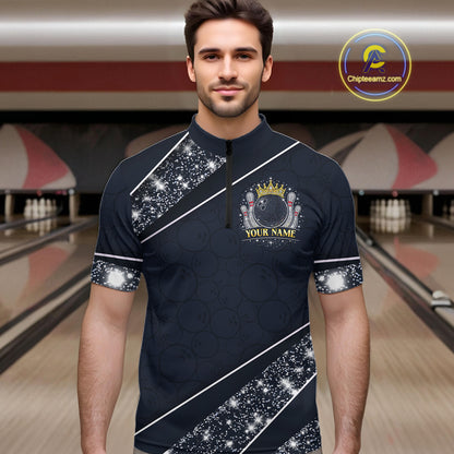 Custom Navy Bowling Shirts with Rhinestones for Men King Bowling Polo & Quarter-Zip Bowling Outfit QZT922