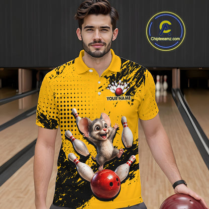 Black & Yellow Funny Mouse Bowling Team Shirt for Men Custom Bowling Jersey Polo & Quarter-Zip QZT1032