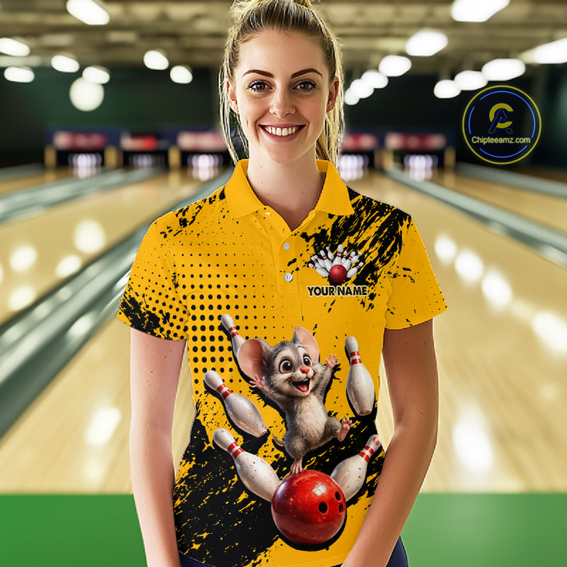 Black & Yellow Funny Mouse Bowling Team Shirt for Women Custom Bowling Jersey Polo & Quarter-Zip QZT1032