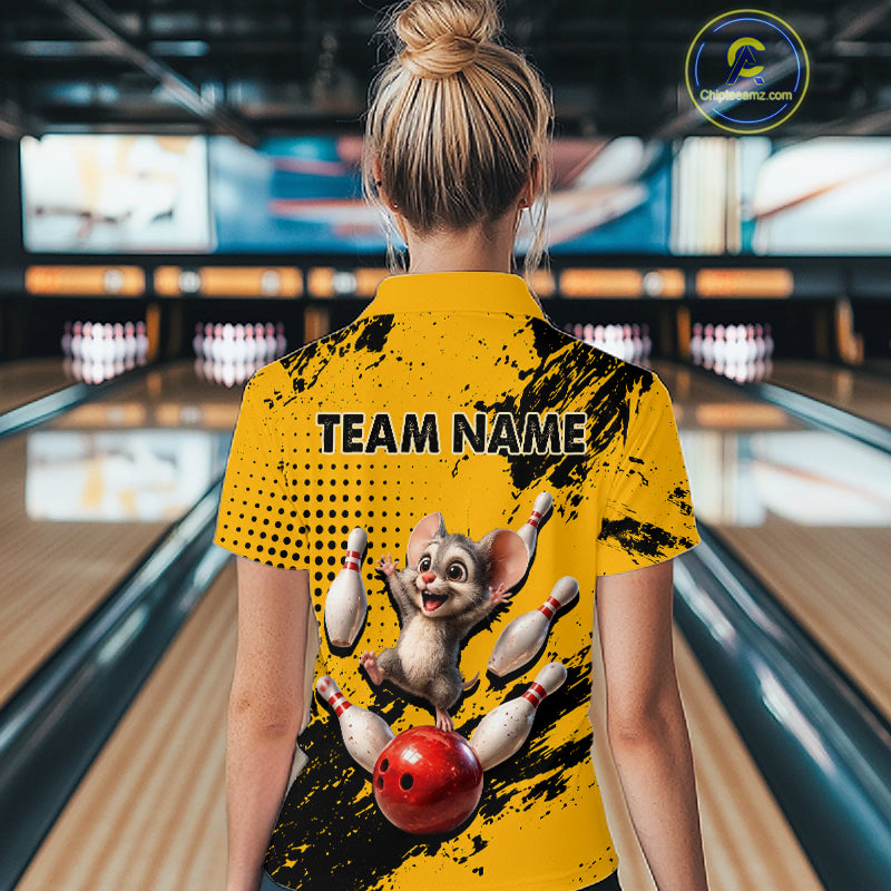 Black & Yellow Funny Mouse Bowling Team Shirt for Women Custom Bowling Jersey Polo & Quarter-Zip QZT1032