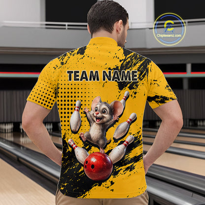 Black & Yellow Funny Mouse Bowling Team Shirt for Men Custom Bowling Jersey Polo & Quarter-Zip QZT1032