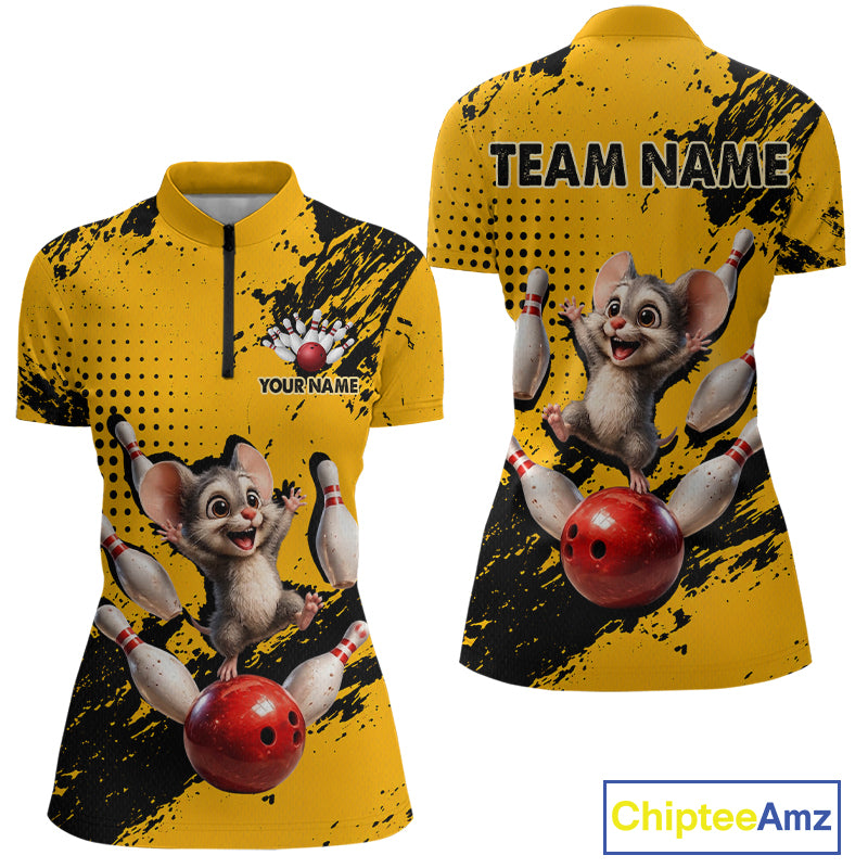 Black & Yellow Funny Mouse Bowling Team Shirt for Women Custom Bowling Jersey Polo & Quarter-Zip QZT1032