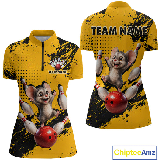 Black & Yellow Funny Mouse Bowling Team Shirt for Women Custom Bowling Jersey Polo & Quarter-Zip QZT1032
