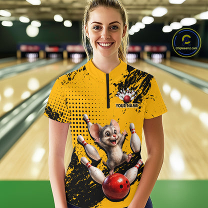 Black & Yellow Funny Mouse Bowling Team Shirt for Women Custom Bowling Jersey Polo & Quarter-Zip QZT1032