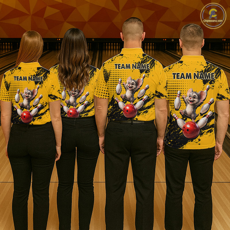 Black & Yellow Funny Mouse Bowling Team Shirt for Men Custom Bowling Jersey Polo & Quarter-Zip QZT1032