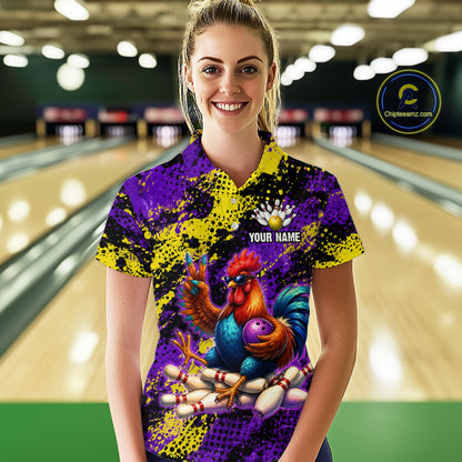 Purple & Yellow Chicken Bowling Shirt for Women Custom Bowling Jersey Rooster Polo & 1/4-Zip QZT1034