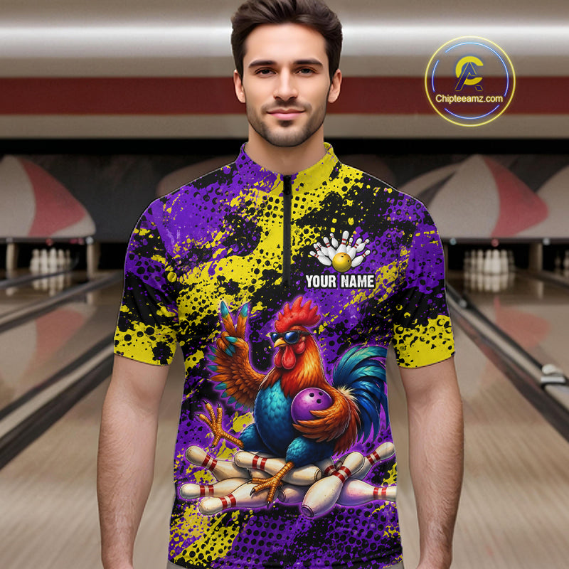 Purple & Yellow Chicken Bowling Shirt for Men Custom Bowling Jersey Rooster Polo & 1/4-Zip QZT1034