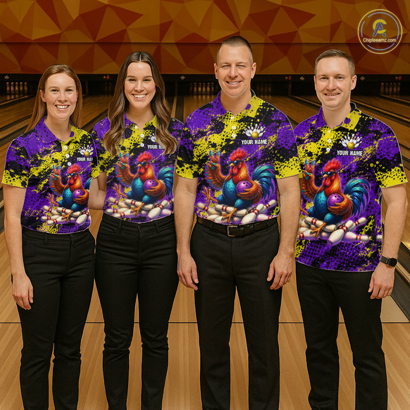 Purple & Yellow Chicken Bowling Shirt for Men Custom Bowling Jersey Rooster Polo & 1/4-Zip QZT1034