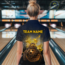 Load image into Gallery viewer, Woman wearing custom black &amp; gold funny bee bowling polo shirt, back view mockup with team name design.