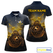 Load image into Gallery viewer,  Custom black &amp; gold funny bee bowling polo shirt, front and back views, bowling league jersey for women