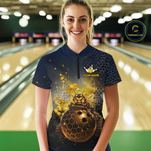 Load image into Gallery viewer, Woman wearing custom black &amp; gold funny bee bowling 1/4 zip shirt, front view mockup, personalized bowling league jersey.