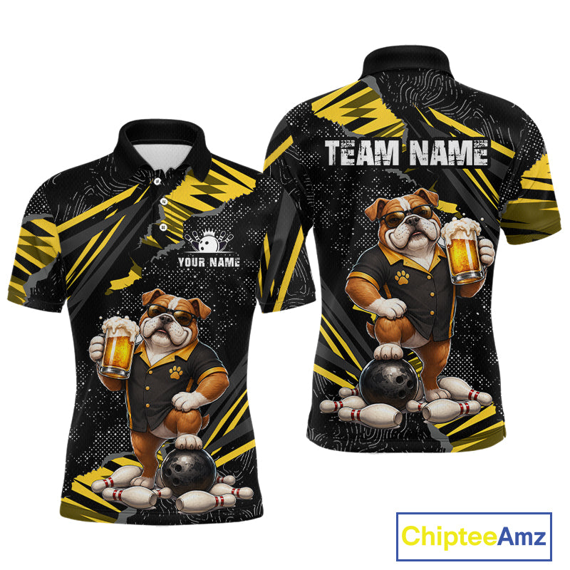Front and back views of a custom black and yellow short-sleeve polo shirt featuring a bulldog mascot in a bowling uniform holding bowling balls and pins. The shirt includes customizable text placeholders 'TEAM NAME' and 'YOUR NAME'.