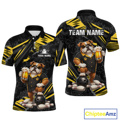 Front and back views of a custom black and yellow short-sleeve polo shirt featuring a bulldog mascot in a bowling uniform holding bowling balls and pins. The shirt includes customizable text placeholders 'TEAM NAME' and 'YOUR NAME'.