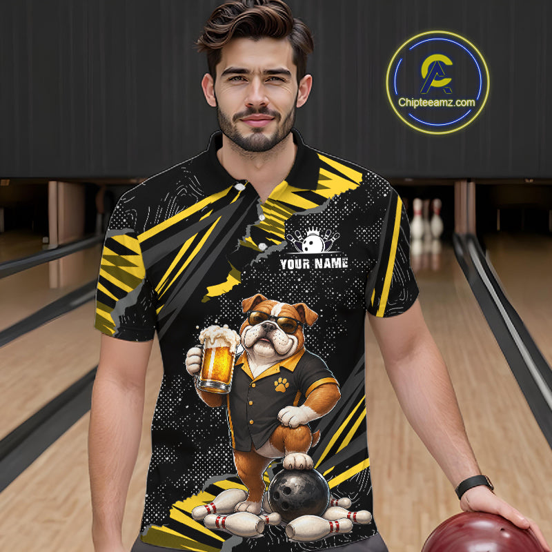 A man wearing a custom bowling-themed polo shirt with a cartoon bulldog graphic holding a beer mug and bowling pins, set against a bowling alley background. 