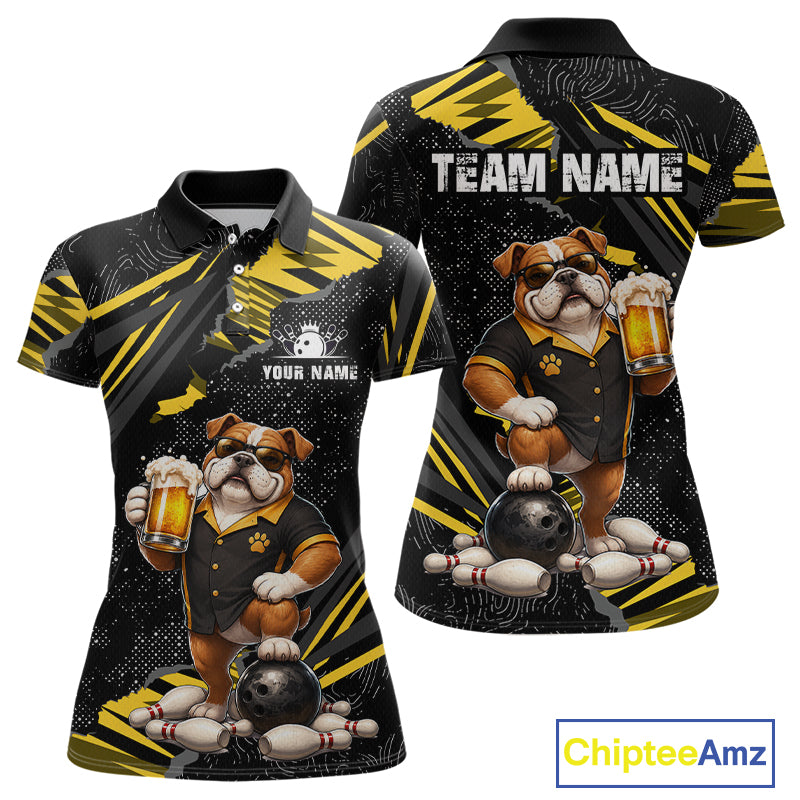 A custom short-sleeve polo shirt shown from both front and back views. The shirt features a black and yellow abstract background pattern with a cartoon bulldog wearing a bowling jersey, holding beer mugs, and standing on bowling pins with a bowling ball.