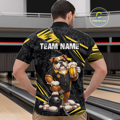 A man viewed from behind wearing a black bowling-themed short-sleeve button-up shirt with a large graphic of a bulldog holding a beer mug and bowling pins, with 'TEAM NAME' printed across the back. The background shows bowling lanes.