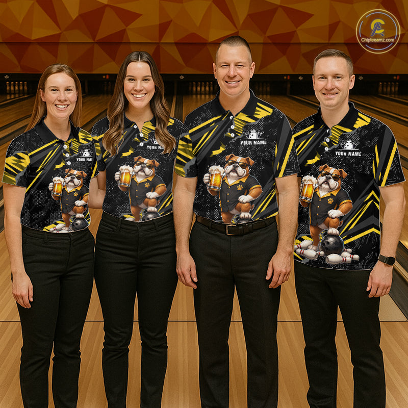 Four people standing together in a bowling alley wearing matching black and yellow bowling shirts with a bulldog and beer graphic, paired with black pants.