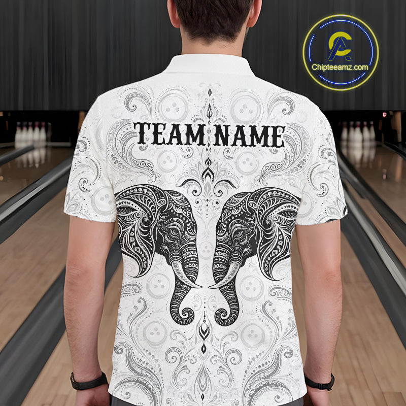 Man wearing custom black & white tribal elephant bowling polo shirt, back view mockup, personalized bowling league jersey.